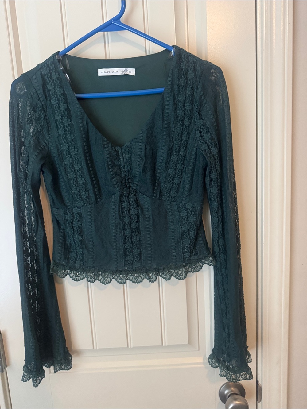 Altar'd State Dark Green Lace Long-Sleeve V-Neck Top